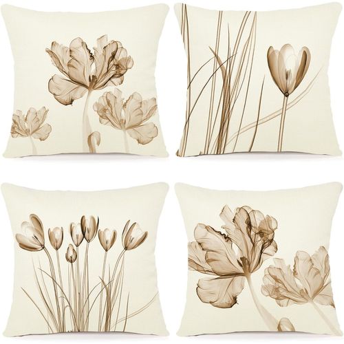 Cauc-Lot De 4 Housse Coussin 45x45 Florale Peinture À L'aquarelle Housses De Coussin Décoratives En Coton Lin Taie Oreiller De Canapé Housse De Coussincarré Pour Lit Voiture De La Maison Canapé