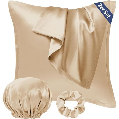 Slep-Lot De 2 Housses De Coussin En Satin 65 X 65 Cm - Pour Cheveux Et Peau - Semblables À La Soie - Champagne - Avec Élastique À Cheveux Et Bonnet