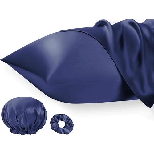 Slep-Lot De 2 Housses De Coussin En Satin 40 X 80 Cm - Pour Cheveux Et Peau - Similaire À La Soie, Bleu Foncé Marine - Avec Élastique À Cheveux Et Bonnet