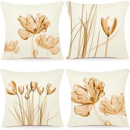 Tianyi-Lot De 4 Housse Coussin 45x45 Florale Peinture À L'aquarelle Housses De Coussin Décoratives En Coton Lin Taie Oreiller De Canapé Housse De Coussincarré Pour Lit Voiture De La Maison Canapé