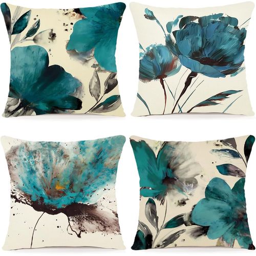 Tianyi-Lot De 4 Housse Coussin 50x50 Florale Peinture À L'aquarelle Housses De Coussin Décoratives En Coton Lin Taie Oreiller De Canapé Housse De Coussincarré Pour Lit Voiture De La Maison Canapé