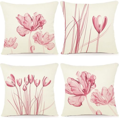 Slep-Lot De 4 Housse Coussin 50x50 Florale Peinture À L'aquarelle Housses De Coussin Décoratives En Coton Lin Taie Oreiller De Canapé Housse De Coussincarré Pour Lit Voiture De La Maison Canapé