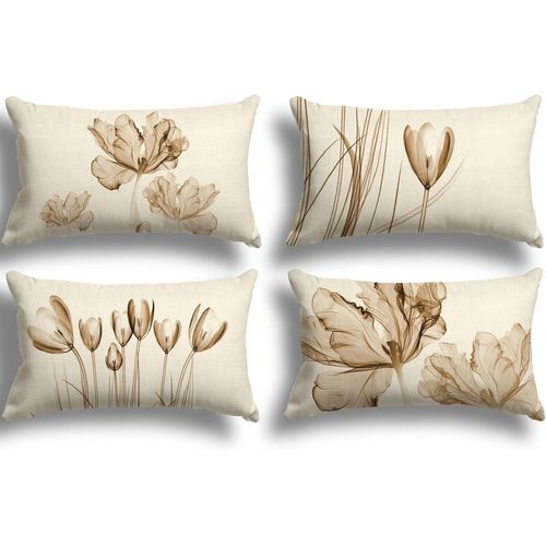 Slep-Lot De 4 Housse Coussin 30x50 Florale Peinture À L'aquarelle Housses De Coussin Décoratives En Coton Lin Taie Oreiller De Canapé Housse De Coussincarré Pour Lit Voiture De La Maison Canapé