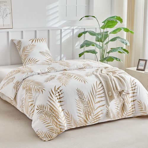 Tianyi-Housse De Couette 140x200 Avec 2 Taies D'oreiller 65x65 Cm - Motif De Feuilles De Palmier Tropicales Dorées - 100% Microfibre Parure De Lit 140x200 Cm Avec Fermetures Éclair, Blanc