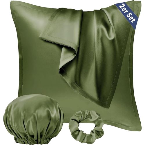 Slep-Lot De 2 Housses De Coussin En Satin 80 X 80 Cm - Pour Cheveux Et Peau - Semblables À La Soie, Vert Olive - Avec Élastique À Cheveux Et Bonnet