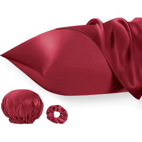 Slep-Lot De 2 Housses De Coussin En Satin De 40 X 80 Cm - Pour Cheveux Et Peau - Similaire À La Soie - Bordeaux - Avec Élastique À Cheveux Et Bonnet