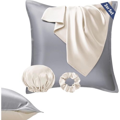Slep-Lot De 2 Housses De Coussin En Satin 80 X 80 Cm - Pour Cheveux Et Peau - Similaires À La Soie - Beige Gris - Avec Élastique À Cheveux Et Bonnet