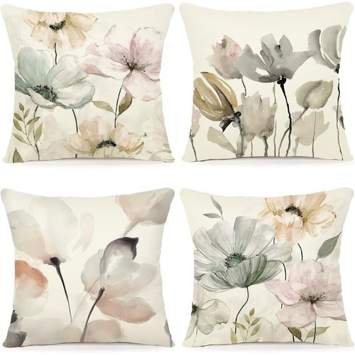 Tianyi-Lot De 4 Housse Coussin 45x45 Florale Peinture À L'aquarelle Housses De Coussin Décoratives En Coton Lin Taie Oreiller De Canapé Housse De Coussincarré Pour Lit Voiture De La Maison Canapé