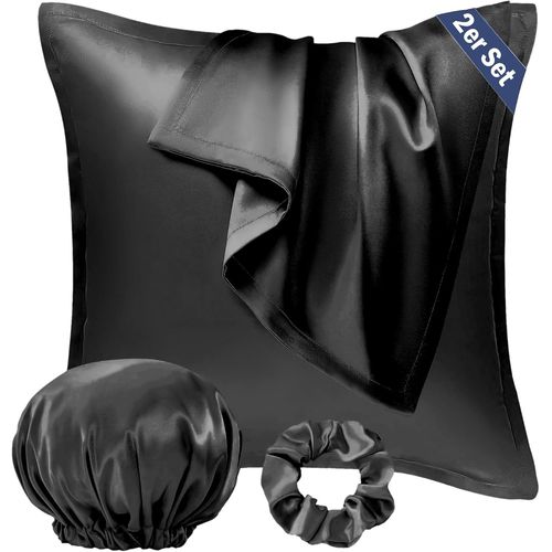 Slep-Lot De 2 Housses De Coussin En Satin 65 X 65 Cm - Pour Cheveux Et Peau - Similaires À La Soie - Noir - Avec Élastique À Cheveux Et Bonnet