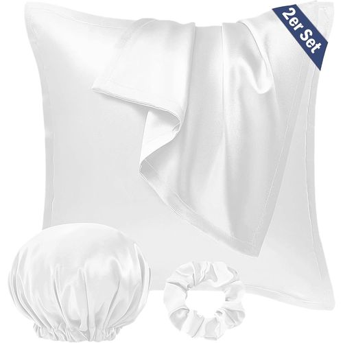 Slep-Lot De 2 Housses De Coussin En Satin 60 X 60 Cm - Pour Cheveux Et Peau - Similaires À La Soie - Blanc - Avec Élastique À Cheveux Et Bonnet