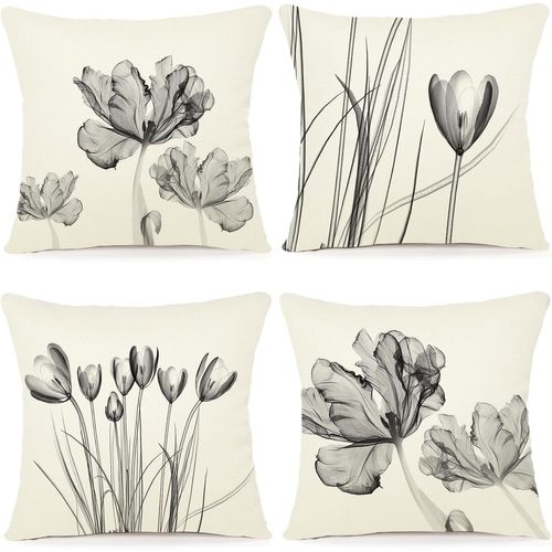 Tianyi-Lot De 4 Housse Coussin 45x45 Florale Peinture À L'aquarelle Housses De Coussin Décoratives En Coton Lin Taie Oreiller De Canapé Housse De Coussincarré Pour Lit Voiture De La Maison Canapé