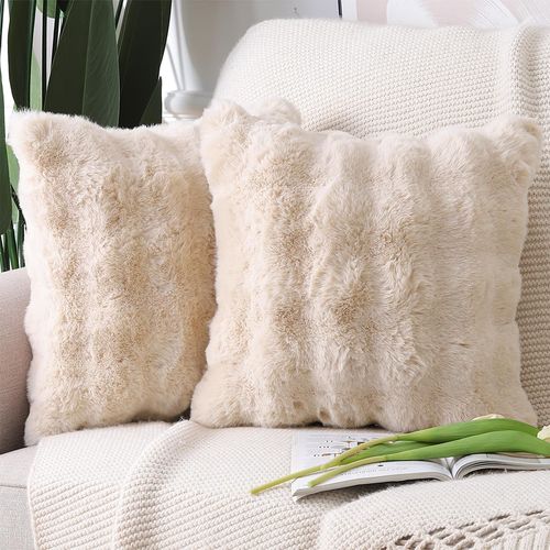 Cauc-Lot De 2 Doux Peluche Laine Courte Toison Décoratif Housses De Coussin Luxe Style Pour Canapé Chambre Beige Clair 50 X 50 Cm