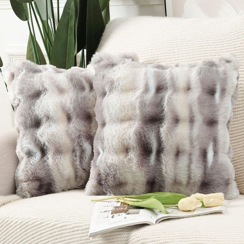 Cauc-Lot De 2 Doux Peluche Laine Courte Toison Décoratif Housses De Coussin Luxe Style Pour Canapé Chambre Taupe Gris 50 X 50 Cm