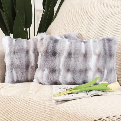 Cauc-Lot De 2 Doux Peluche Laine Courte Toison Décoratif Housses De Coussin Luxe Style Pour Canapé Chambre Blanc Gris 30 X 50 Cm