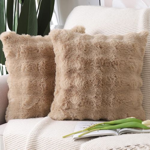 Cauc-Lot De 2 Doux Peluche Laine Courte Toison Décoratif Housses De Coussin Luxe Style Pour Canapé Chambre Chameau 55 X 55 Cm