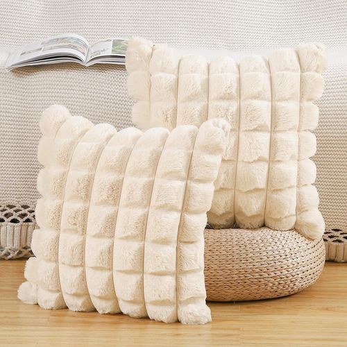 Tianyi-Lot De 2 À Carreaux Housses De Coussin En Peluche En Fausse Fourrure Housse De Coussin Décorative Douce Moelleuses Pour Coussin De Chambre À Coucher De Canapé Beige 50x50 Cm