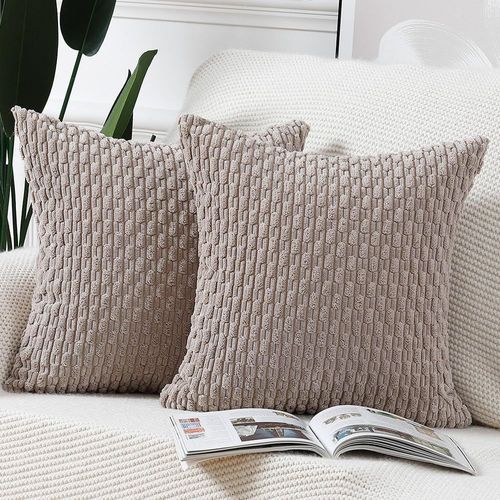 Tianyi-Lot De 2 Housses De Coussin En Velours Côtelé Rayé Boho Housse De Coussin Décorative Douce Pour Canapé Chambre À Coucher Brun Grisâtre 55 X 55 Cm