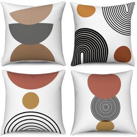 Cauc-Housse De Coussin Boho 50x50 Set De 4, Mid Century Abstrait Cercle Rayures Décoratives Taies D'oreiller Moderne Minimaliste Lin Housse D'oreiller Pour Canapé Lit Jardin Extérieur Home Decor
