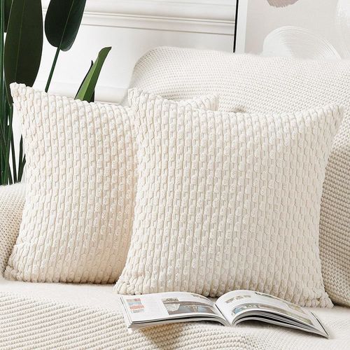 Tianyi-Lot De 2 Housses De Coussin En Velours Côtelé Rayé Boho Housse De Coussin Décorative Douce Pour Canapé Chambre À Coucher Blanc Crème 45 X 45 Cm