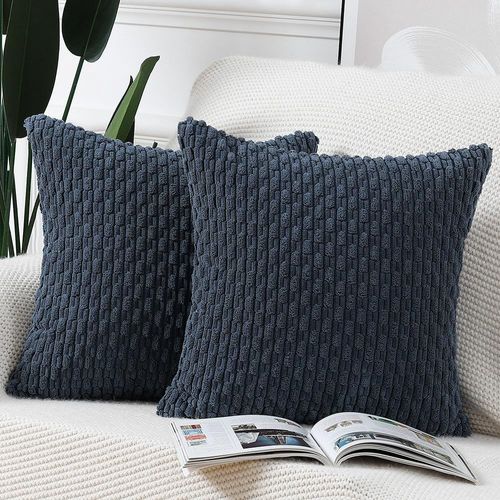 Tianyi-Lot De 2 Housses De Coussin En Velours Côtelé Rayé Boho Housse De Coussin Décorative Douce Pour Canapé Chambre À Coucher Bleu Foncé 40 X 40 Cm