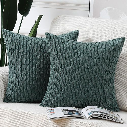 Tianyi-Lot De 2 Housses De Coussin En Velours Côtelé Rayé Boho Housse De Coussin Décorative Douce Pour Canapé Chambre À Coucher Vert Foncé 35 X 35 Cm