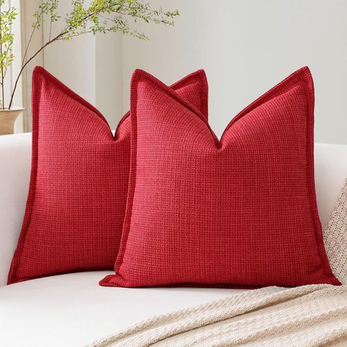 Trahoo-Housse De Coussin 55x55cm, Lot De 2 En Lin Canapé Taie D'oreiller De Couleur Pure Pour Maison Salon Chambre Décoration D'intérieur Rouge
