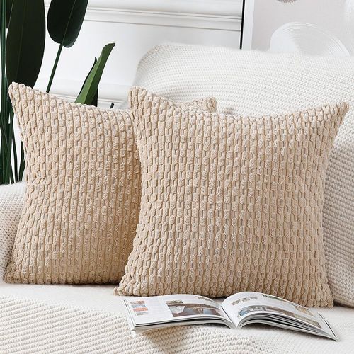 Tianyi-Lot De 2 Housses De Coussin En Velours Côtelé Rayé Boho Housse De Coussin Décorative Douce Pour Canapé Chambre À Coucher Beige 35 X 35 Cm