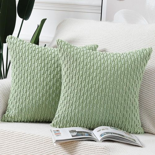 Tianyi-Lot De 2 Housses De Coussin En Velours Côtelé Rayé Boho Housse De Coussin Décorative Douce Pour Canapé Chambre À Coucher Vert Clair 40 X 40 Cm