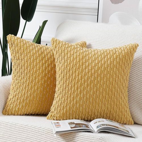 Tianyi-Lot De 2 Housses De Coussin En Velours Côtelé Rayé Boho Housse De Coussin Décorative Douce Pour Canapé Chambre À Coucher Jaune 60 X 60 Cm