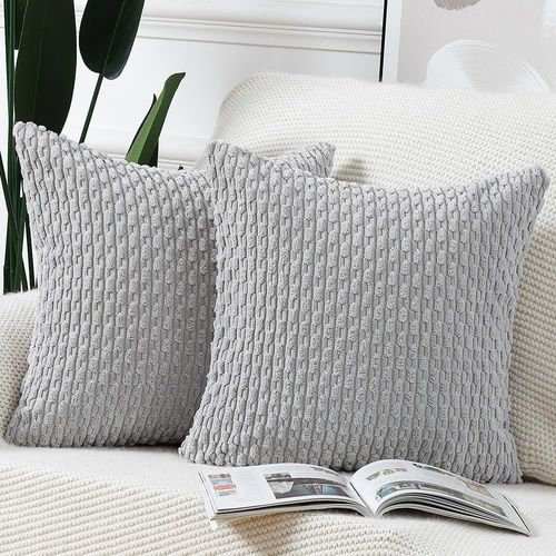 Tianyi-Lot De 2 Housses De Coussin En Velours Côtelé Rayé Boho Housse De Coussin Décorative Douce Pour Canapé Chambre À Coucher Gris Clair 50 X 50 Cm