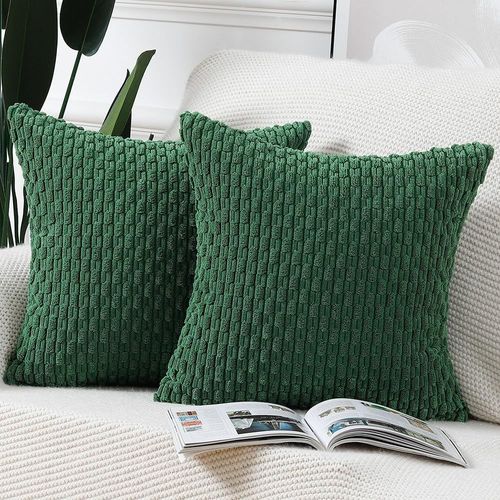 Tianyi-Lot De 2 Housses De Coussin En Velours Côtelé Rayé Boho Housse De Coussin Décorative Douce Pour Canapé Chambre À Coucher Vert 60 X 60 Cm