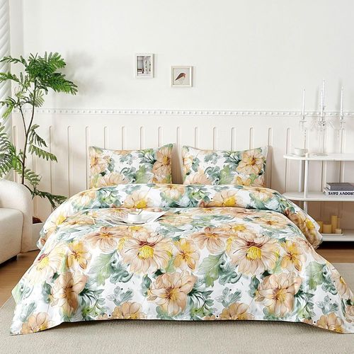 KALANKA-Parure De Lit 90x190/200 cm en Microfibre, Ensemble de Draps 3 Pièces Imprimée, Drap Housse Ajustable 90x200 cm cm, Drap Plat 1 Personne 150x250 cm et 1 Taie d'oreiller 50x80, Voyage Fleur Or