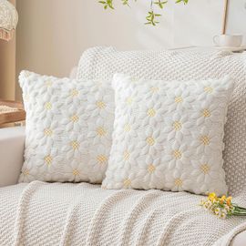 Kjakl-Lot De 2 Housses De Coussin 45 X 45 Cm Motif Marguerites Blanches Taie D'oreiller En Fausse Fourrure Douce Décoration Jacquard Pour Chambre, Canapé, Maison De Vacances