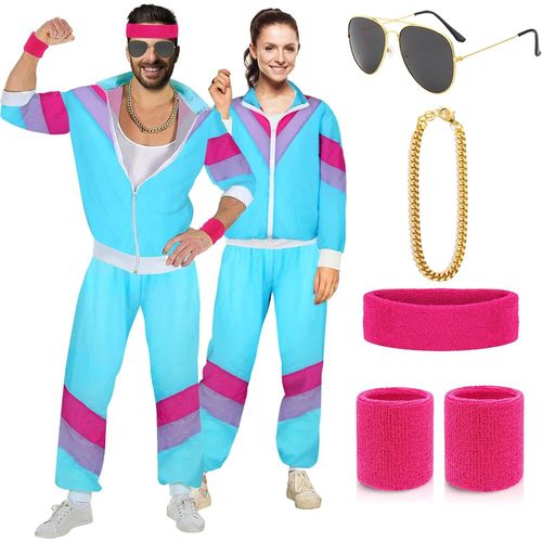 Kjakl-Deguisement Annee 80 Homme Femme Survêtement Ensemble Avec Veste Et Pantalon Déguisement Année 80 90 Accessoire Costume Annee 80 Deguisement Disco Pour Carnaval, Soirée Deguise, Jogging (S)