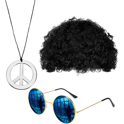 Jum-3 Pièces Ensemble De Costume Hippie,Perruque Afro Funky,Collier Signe De Paix,Hippie Accessoires Homme,Accessoires De Déguisement Hippie Disco Des Années 70/80