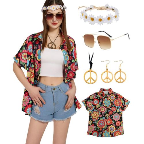 Kjakl-Haut Hippie Pour Femme - Tenue Hawaïenne - Chemisier - Costume - Chemise Flower Power - Chemise Des Années 80 - Vintage - Style Années 90 - Vêtement Décontracté - Rétro - Costume De Carnaval