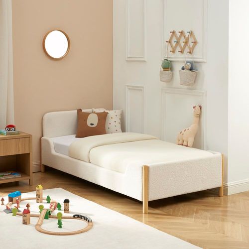 Lit Enfant Tissu Bouclette Beige 90x190 Sommier Inclus