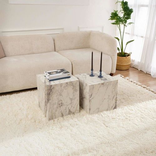 Table Basse Cube Moderne - Décor Marbre (Lot De 2)