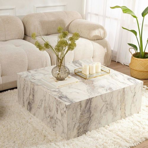 Table Basse Carrée Décor Marbre Blanc 90 X 90 Cm