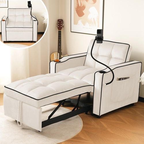 Fauteuil Relax Manuel Convertible 3-En-1 Beige Velours