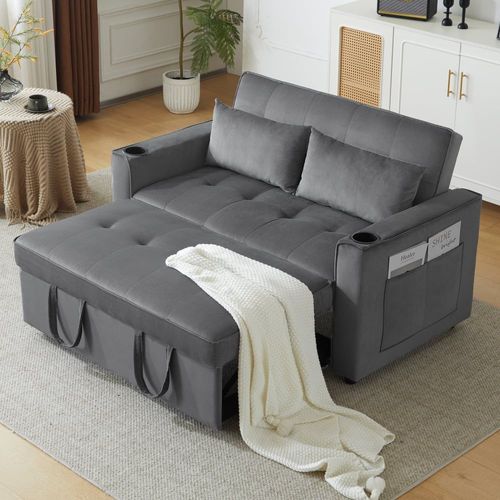 Canapé Convertible 2 Places En Velours Gris Dossier Inclinable