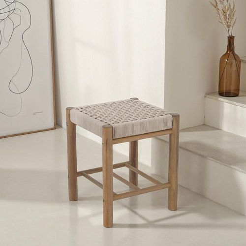 Tabouret Intérieur Et Extérieur En Bois D'acacia Et Corde Beige