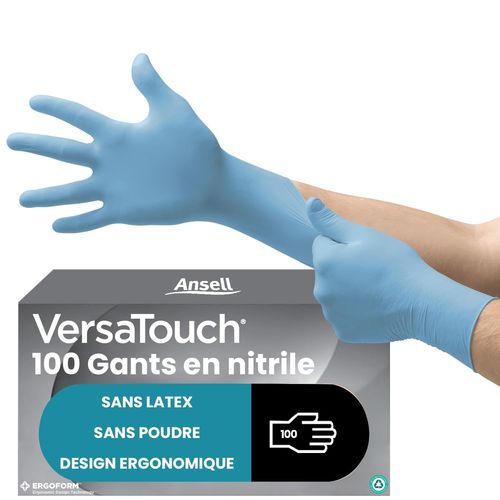 Versatouch 92-471 Gants Jetables Nitrile,Protection Chimique Et Mécanique,Risques Industriels,Usage Unique,Bleu,Taille L (100 Pièces)