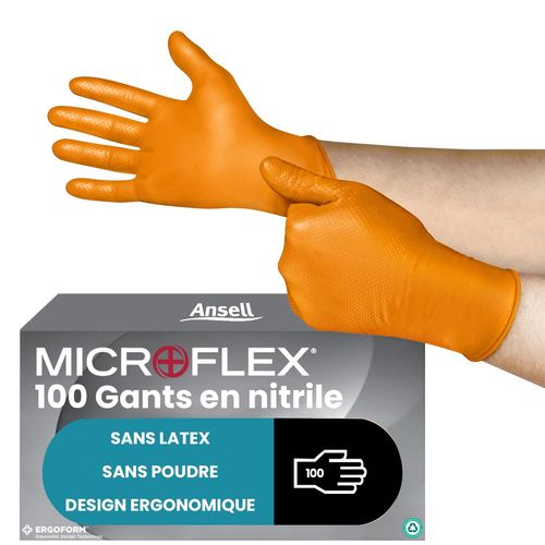 Kalanka-Microflex 93-256 Gants Jetables En Nitrile, Non Poudrés, Protection Multiusage, Alimentaire, Chimique Et Mécanique, Sans Latex, Orange, Taille Xl (100 Pièces)