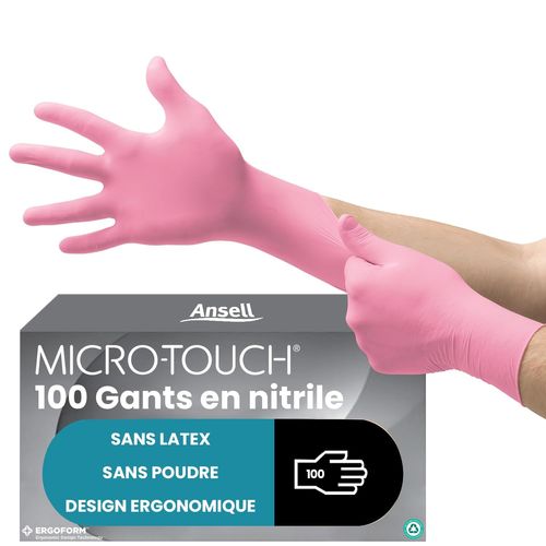 Micro-Touch Nitrafree Gants Jetables En Nitrile,Non Poudrés,Protection Multiusage,Médical,Chimique Et Mécanique,Sans Latex,Rose,Taille M (100 Pièces)
