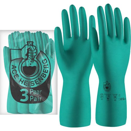 NouvelHorizonstore-Gants Nitrile Heisenberg - 3 pairs - Résistants aux Produits Chimiques pour Travaux Ménagers et Industriels - Sans Latex, Imperméable, pour Nettoyage et Vaisselle - EN 388/374-1/37