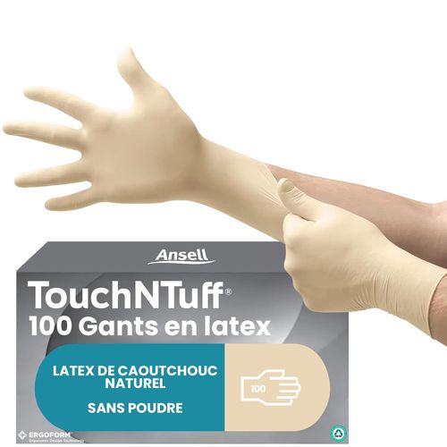 Touchntuff 69-318 Gants Jetables En Latex,Fins Et Non Poudrés,Doigts Renforcés Et Adhérisés,Protection Multiusage,Alimentaire,Chimique Et Mécanique,Blanc,Taille M (100 Gants)