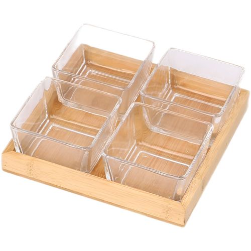 Coffret 4 Bols En Verre Avec Base Bambou Naturel Solide Et Pratique Cheffinger Transparent