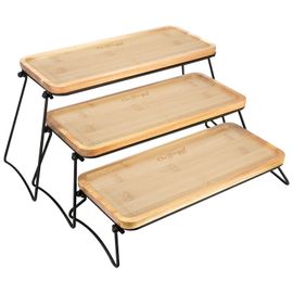 Présentoir À 3 Étages Avec Plateau En Bambou Métal Pour Cupcakes Fruits Apéritif Cheffinger Noir / Marron
