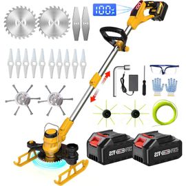 ASFASFq-Debrouissalleuses Batterie 21V, Coupe Bordure sans Fil 5 en 1 Debroussailleuse Electrique sans Fil avec 2 Batterie, Brosse Désherbage et Roues Réglables pour Débroussaillage, Cour, Jardin, Ye